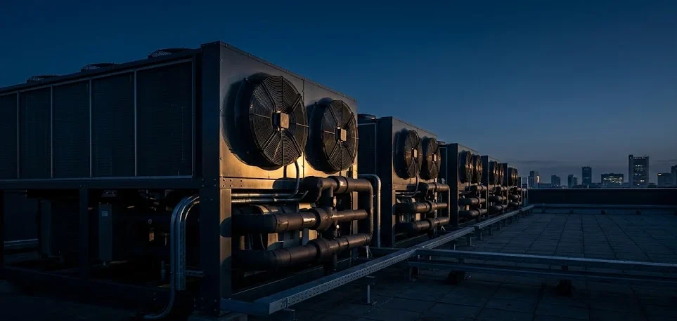 Air-cooled condensing units on a rooftop plant deck