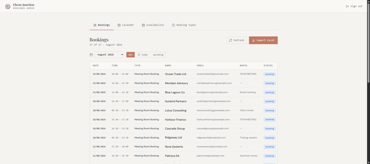 Admin booking register with company, contact, notes, status and an Export Excel button