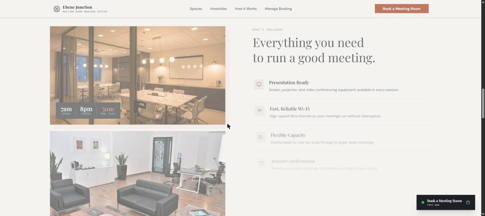 Meeting room amenities list with equipment and scheduling details