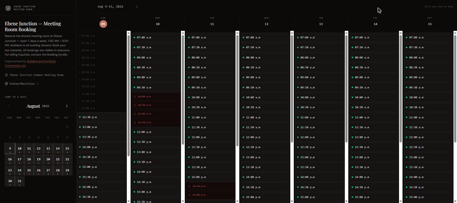 Live meeting room booking calendar showing available and booked 30 minute slots for the week