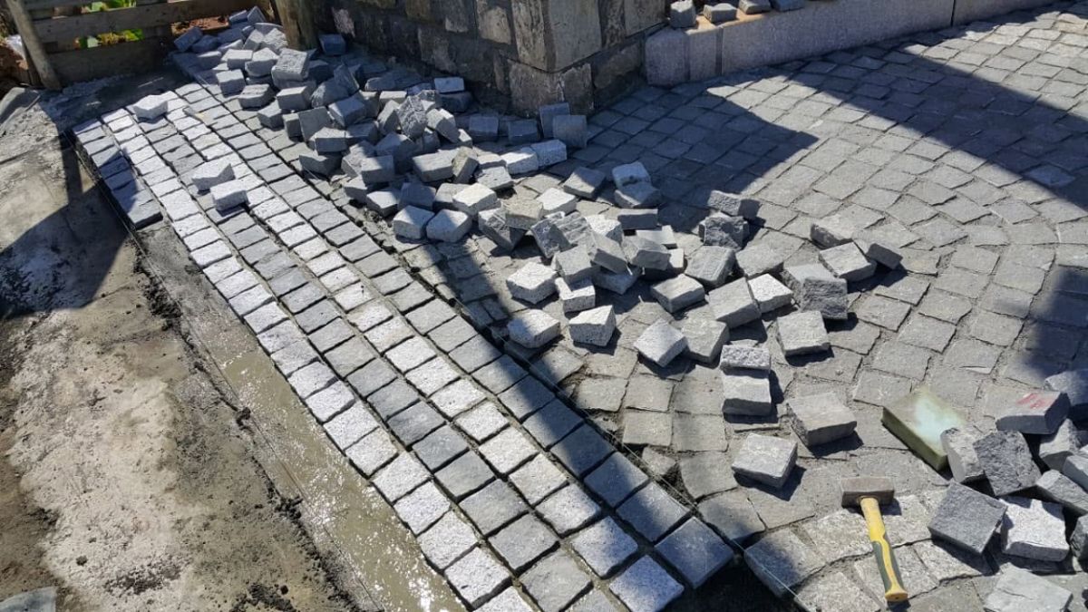 Granite cobblestone driveway being laid in Mauritius